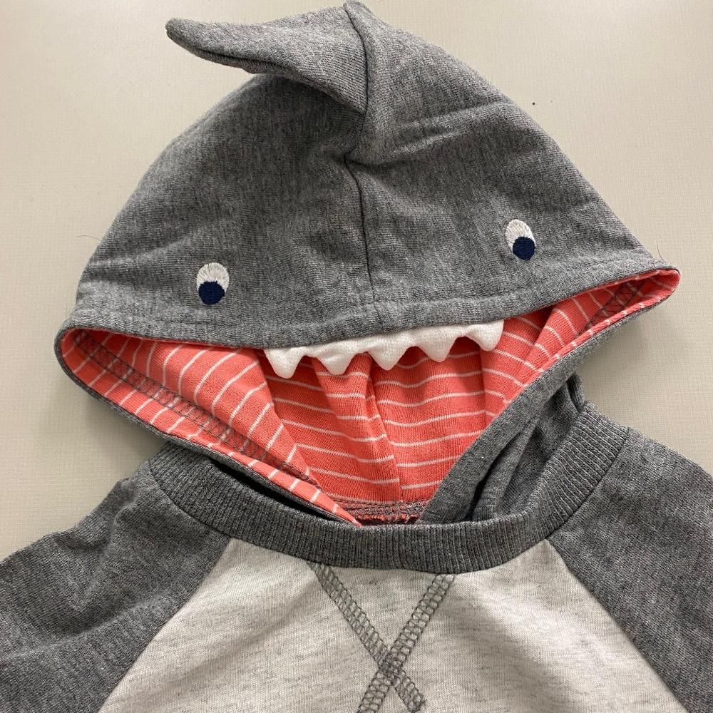 Carters gray hooded shark romper, size 12 months